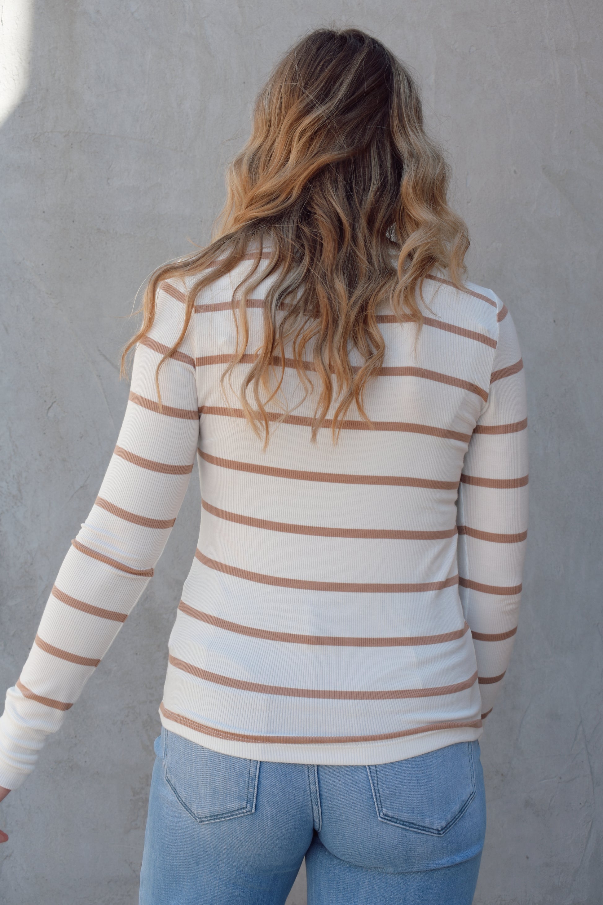 super lightweight long sleeve henley with horizontal stripes, white buttons, crew neck, stretchy and fitted, full length