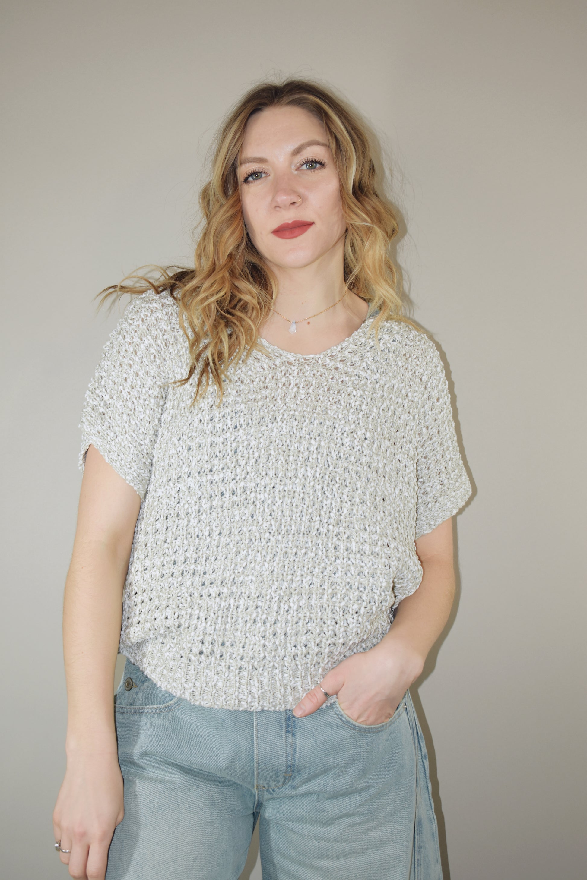 crochet summer short sleeve sweater full length boxy fit scoop/vneck neckline slight batwing 