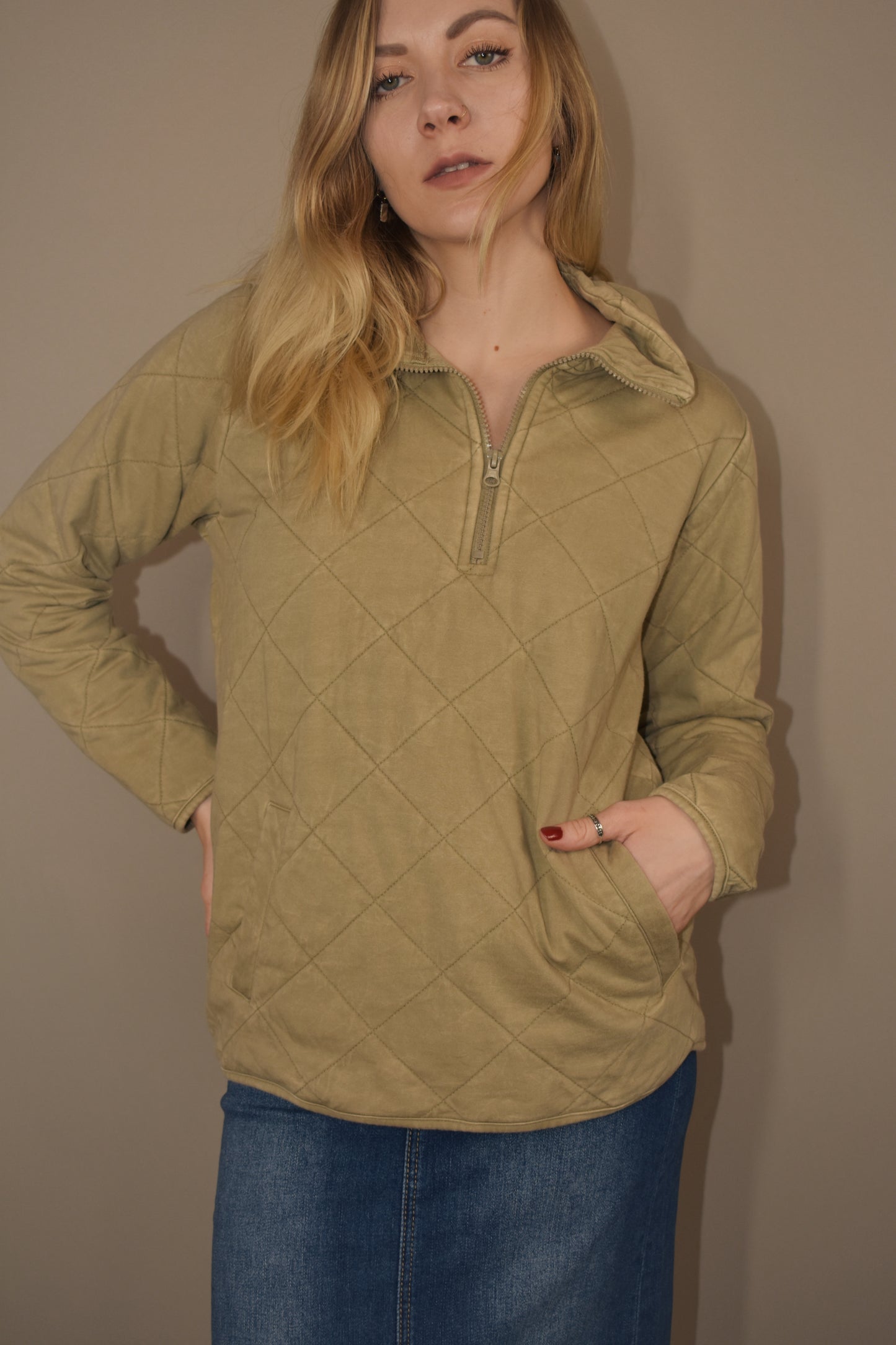 full length quilted half zip pullover with front sweatshirt pocket