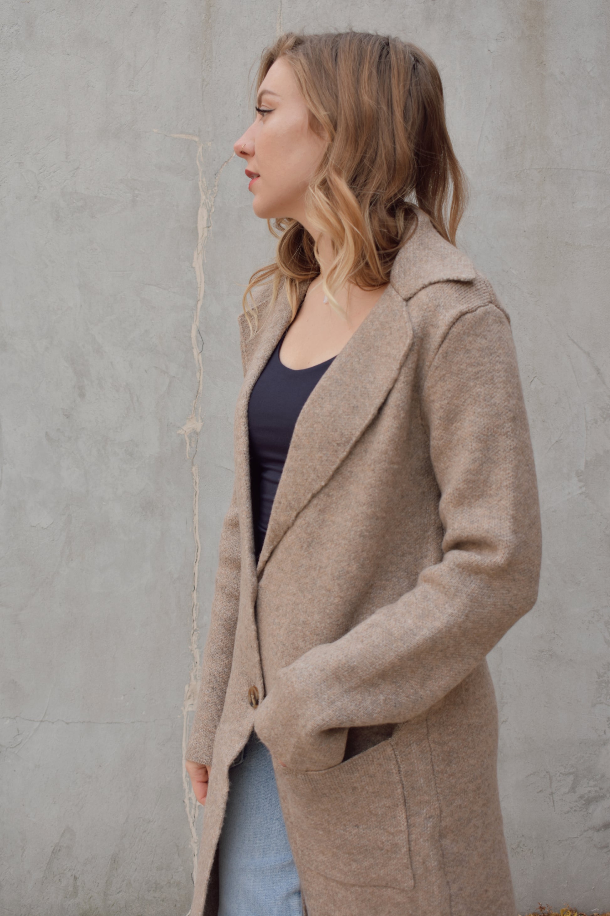 pea coat style cardigan with notched collar two button enclosure front patch pockets, hits above the knee.