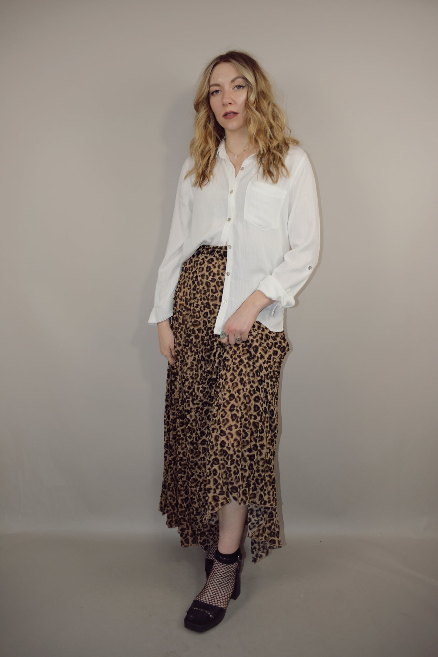 leopard pleated midi