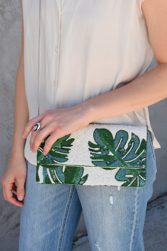 palm leaf beaded clutch