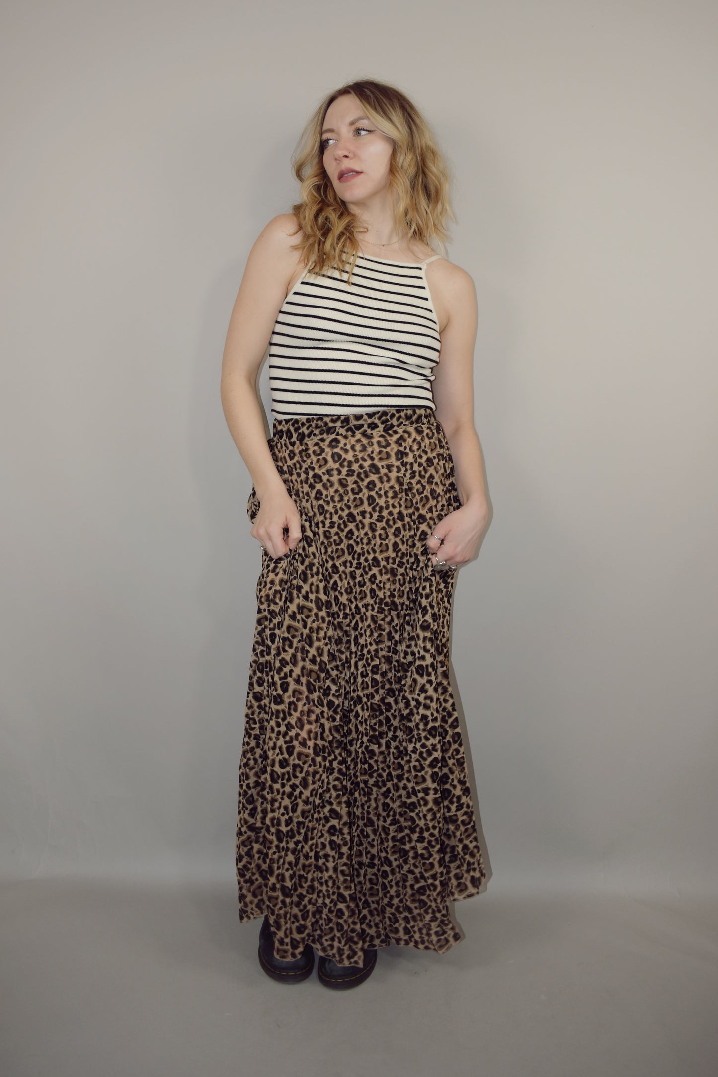 leopard pleated midi