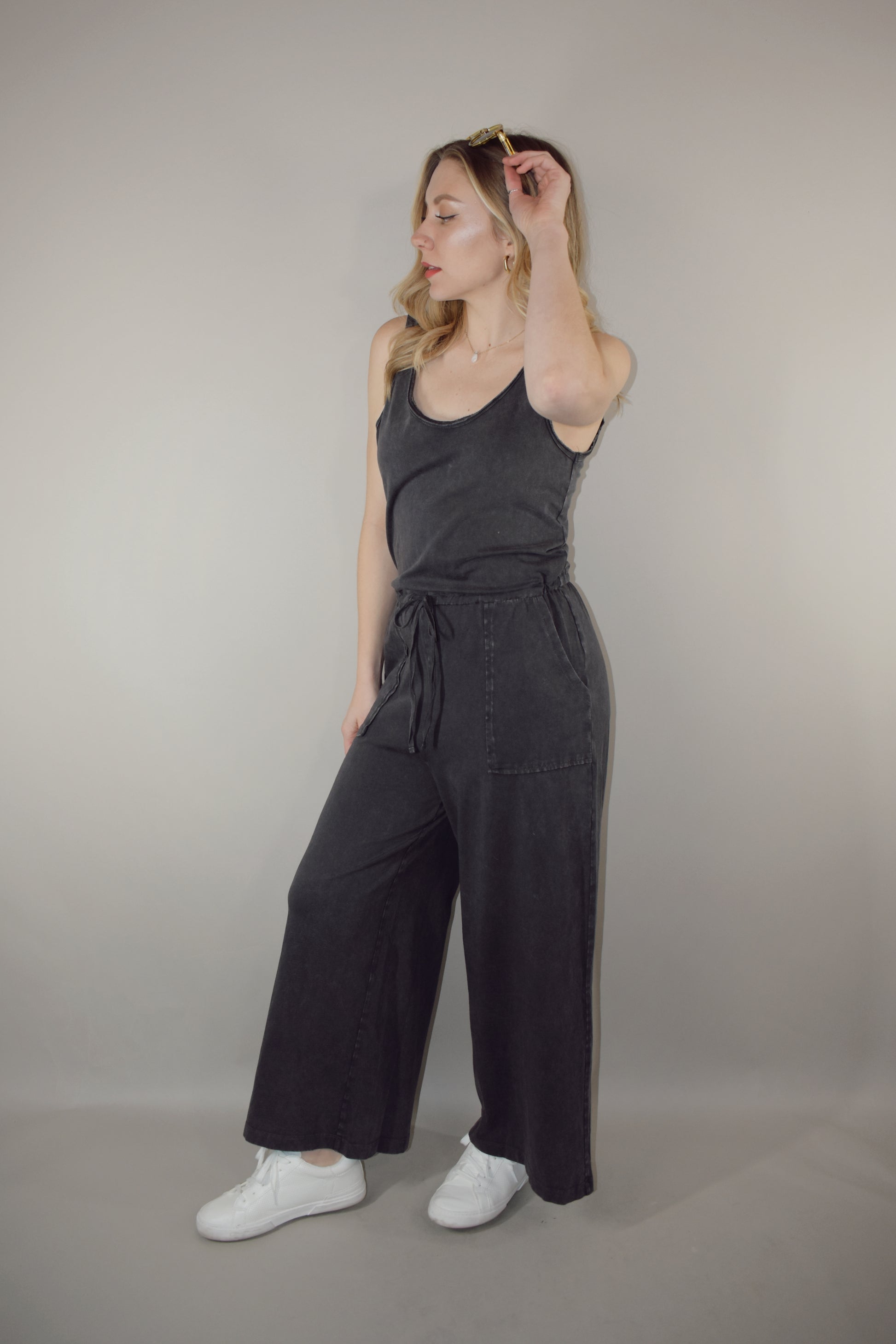 cotton tank jumpsuit scoop neck drawstring waistband deep front pockets wide leg full length low scoop back no back pockets loungewear