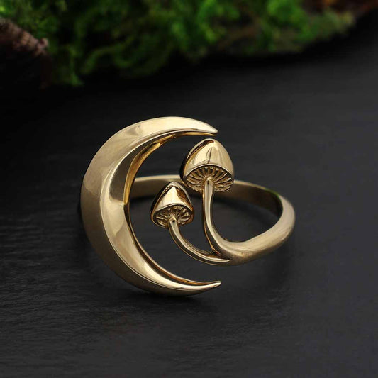 nina designs gold bronze moon & mushroom fair trade adjustable ring