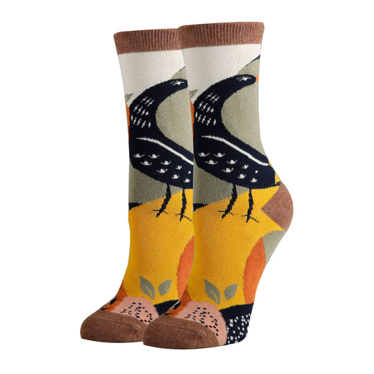 sock it up retro earthy colored bird print Aurora fern women's socks