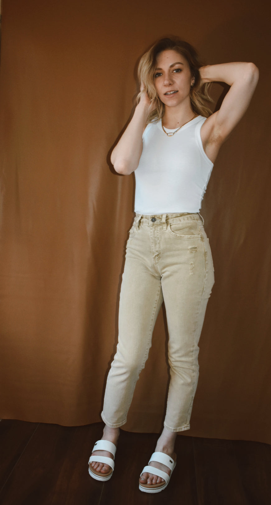 beige mom jeans colored denim vervet stretch trending flying monkey
