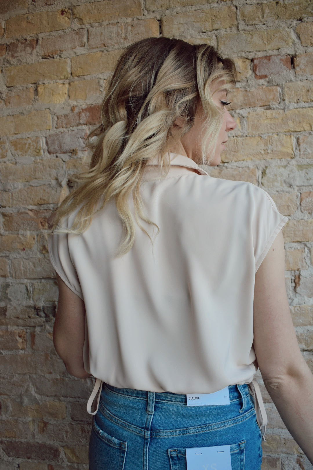 drawstring waist button down sleeveless cap sleeve cropped shirt top dusty rose blush hyfve the revival