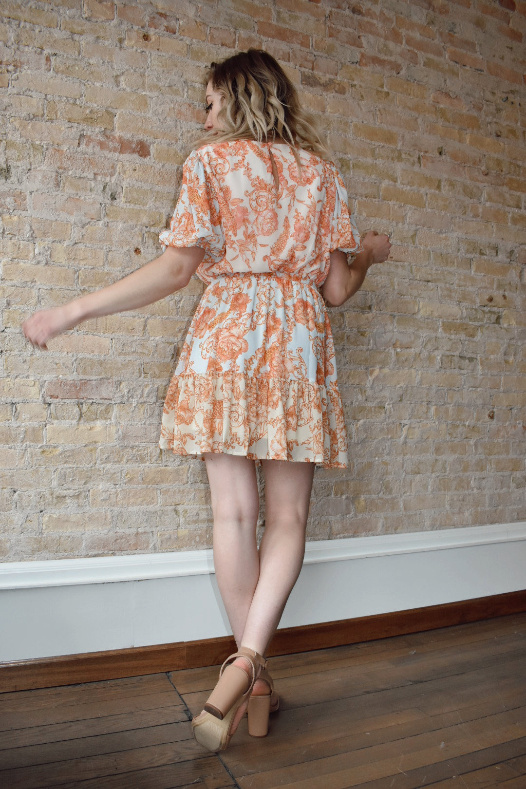 Retro Toile Mini Dress puffy short sleeves elasticized waist with a self-sash belt flying tomato the revival