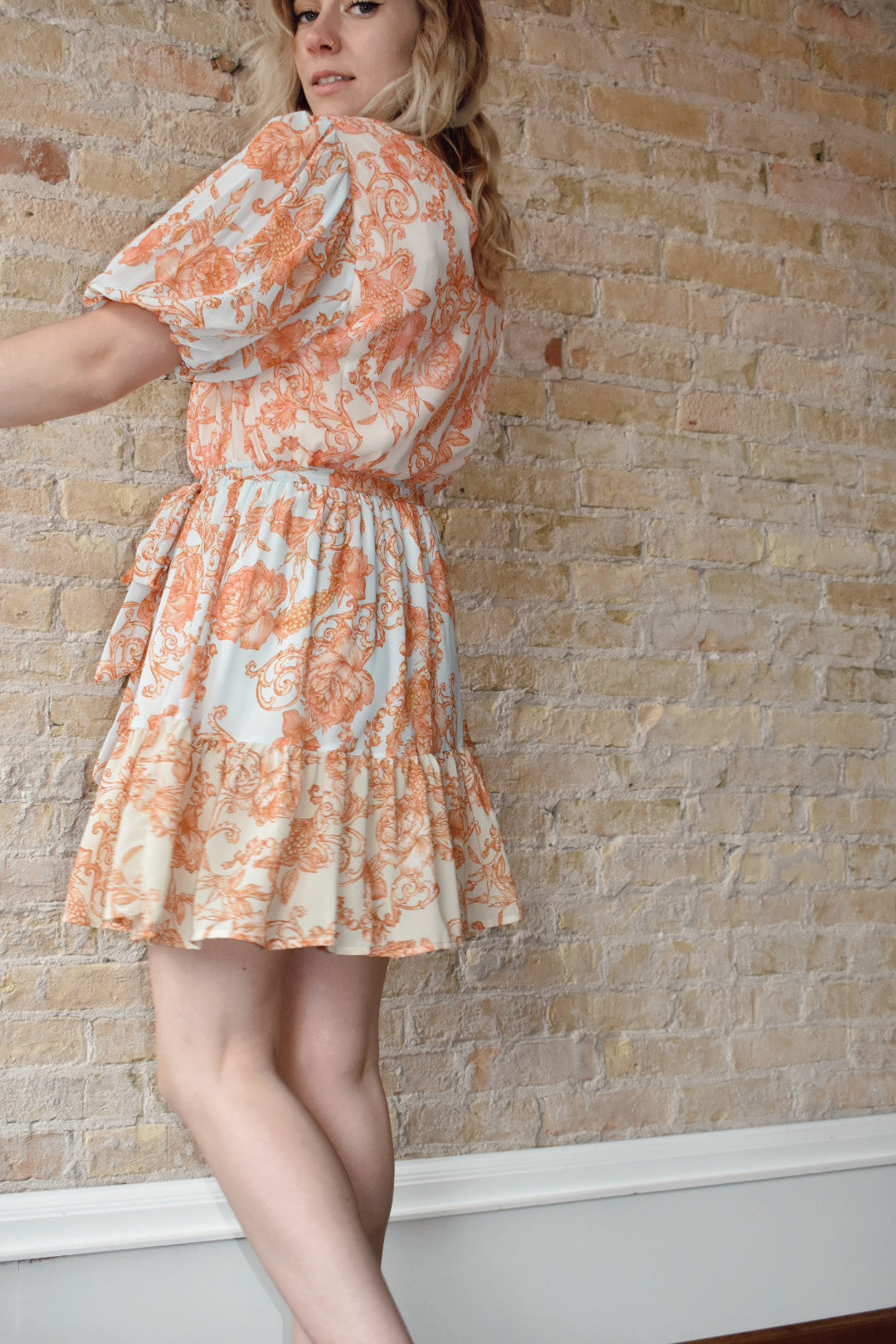 Retro Toile Mini Dress puffy short sleeves elasticized waist with a self-sash belt flying tomato the revival