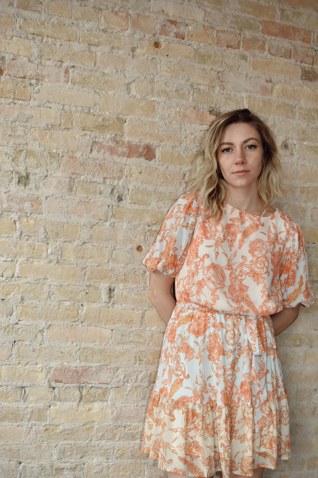 Retro Toile Mini Dress puffy short sleeves elasticized waist with a self-sash belt flying tomato the revival