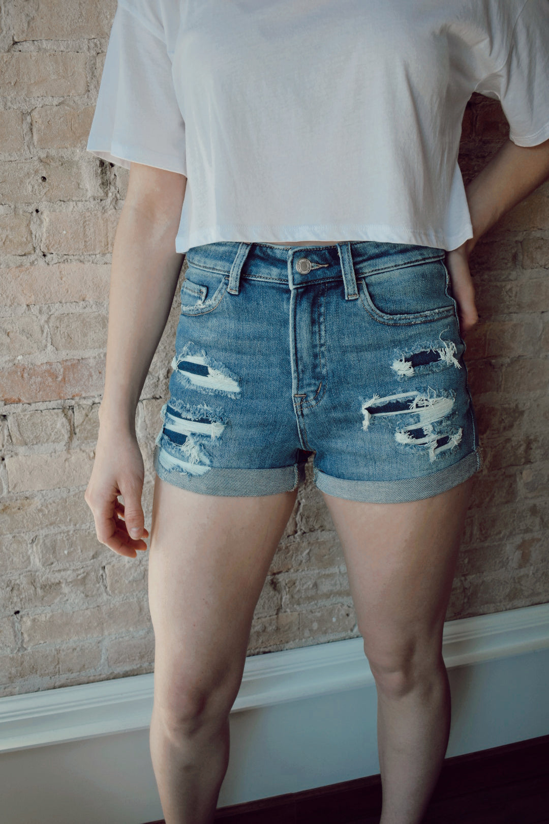 Denim shorts distressed cuffed medium wash vervet the revival