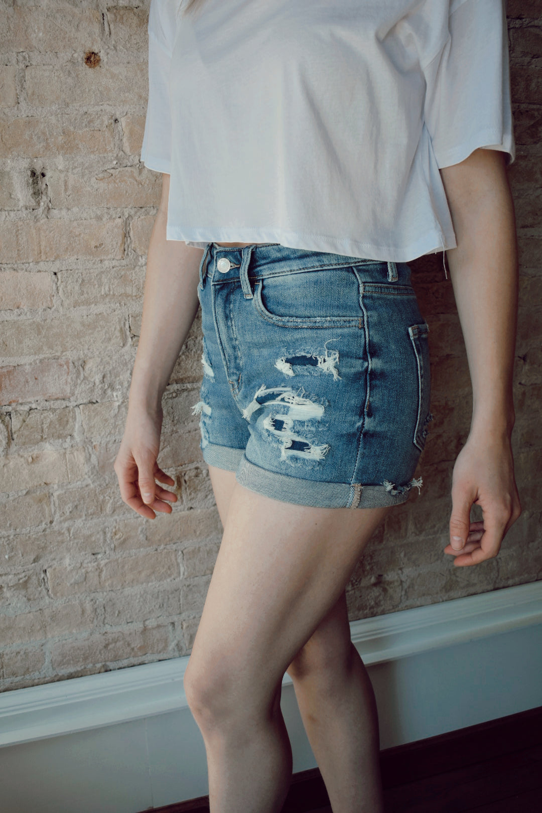 Denim shorts distressed cuffed medium wash vervet the revival