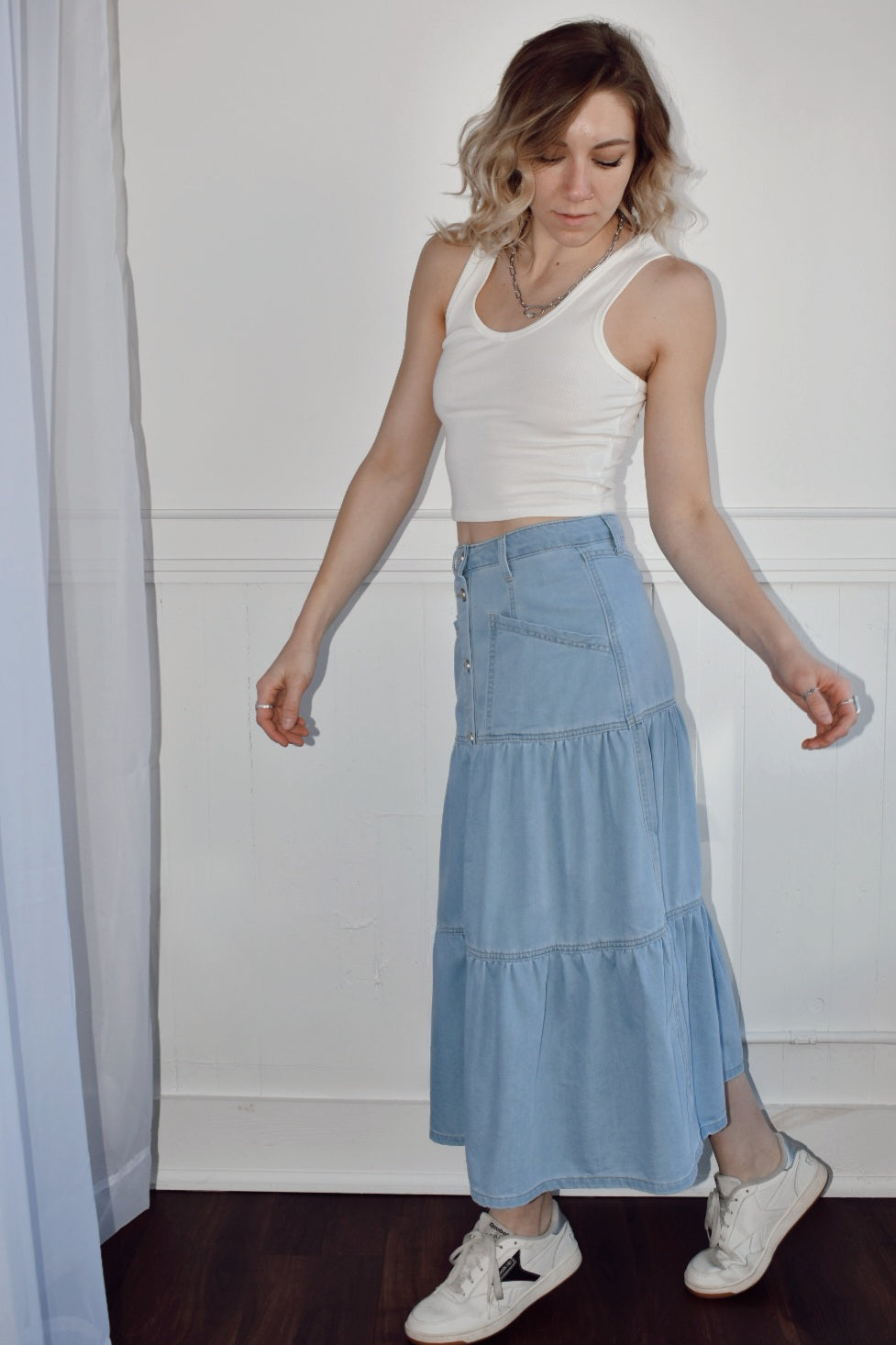 denim tiered midi skirt button front front slip pockets Listicle the revival