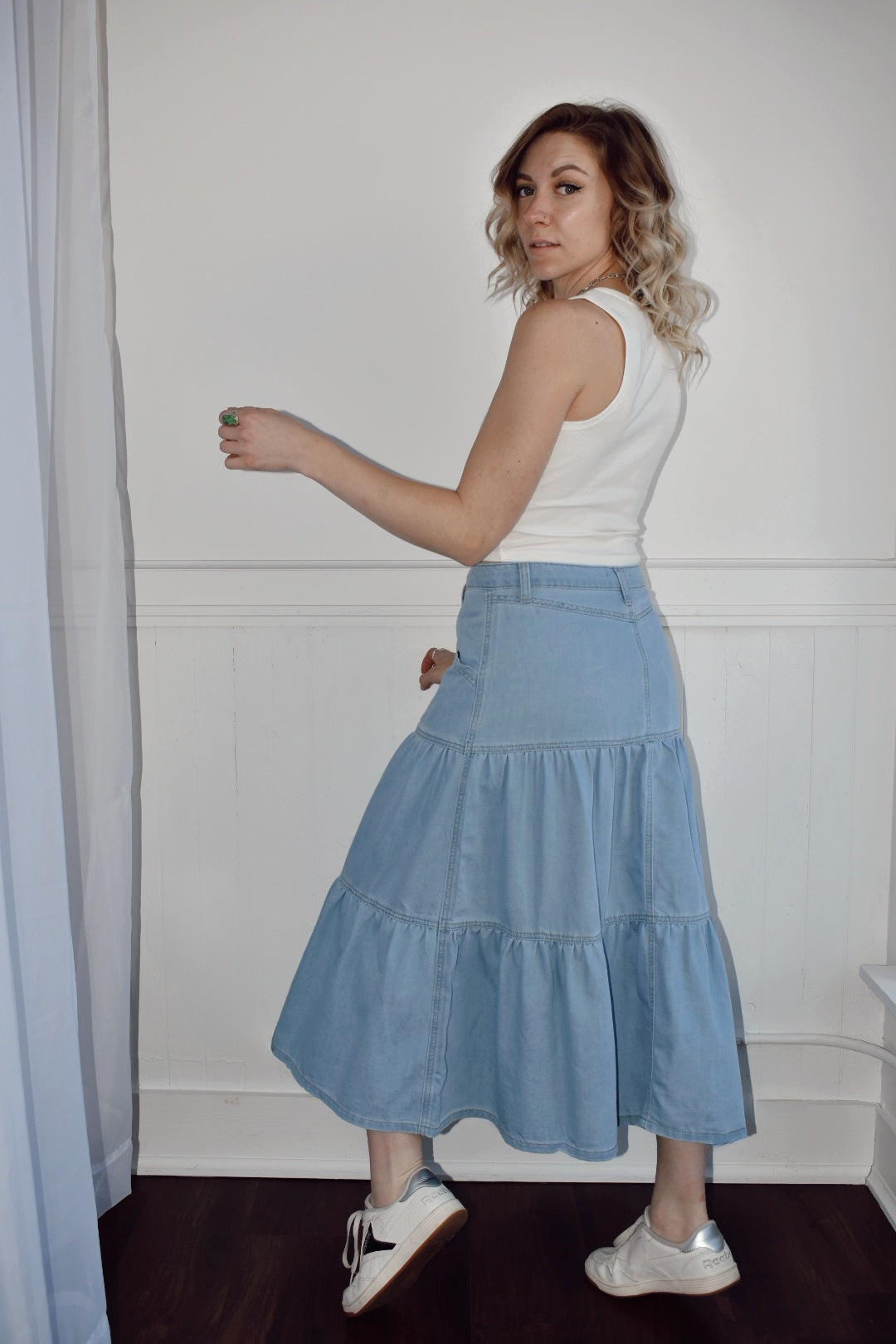 denim tiered midi skirt button front front slip pockets Listicle the revival