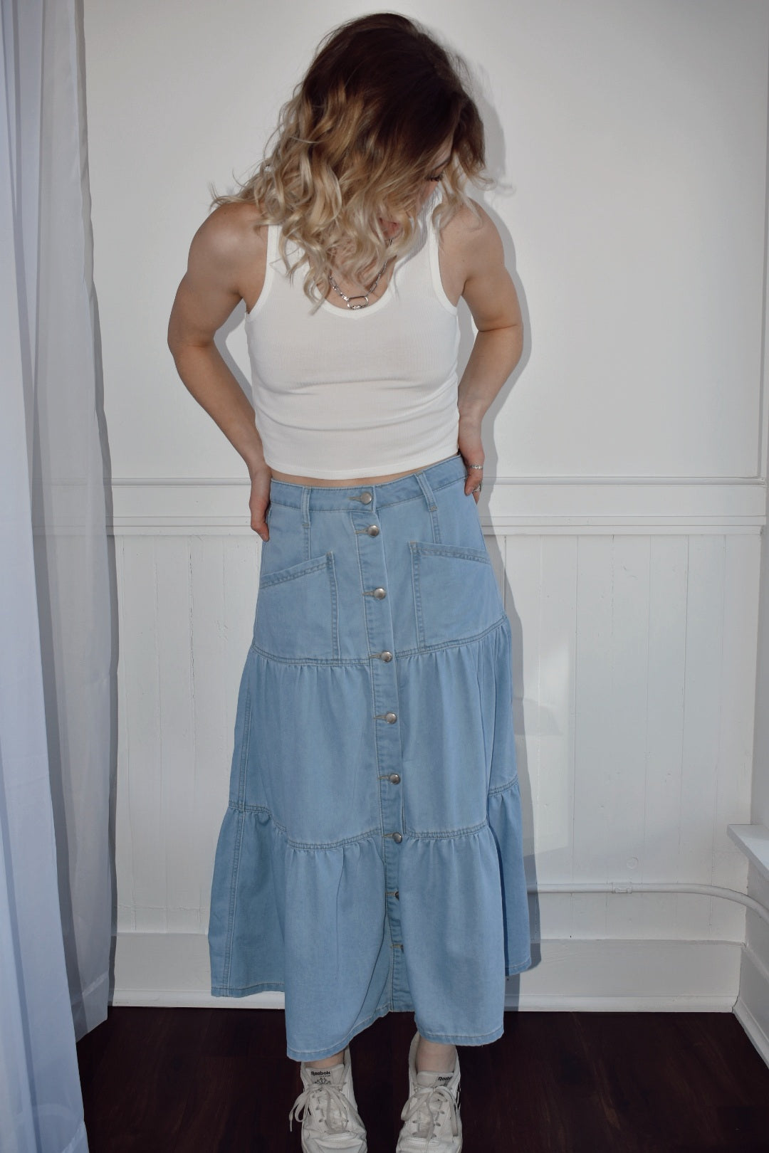 denim tiered maxi skirt button front front slip pockets Listicle the revival