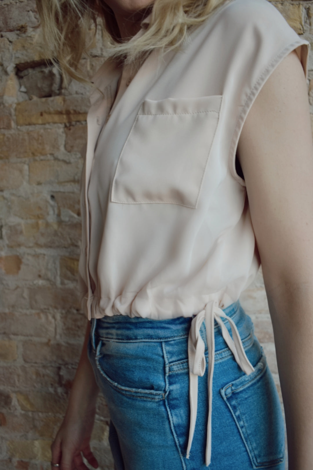 drawstring waist button down sleeveless cap sleeve cropped shirt top dusty rose blush hyfve the revival