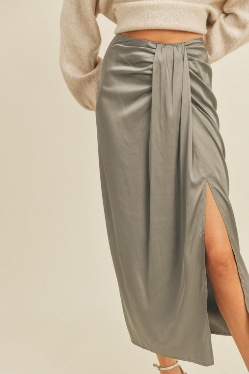 ruched drape wedding guest date night satin maxi skirt lush the revival