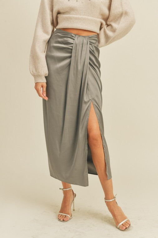 ruched drape wedding guest date night satin maxi skirt lush the revival